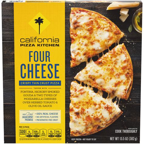 California pizza kitchen frozen pizza - There are 929 calories in 1 pizza (13.4 oz) of California Pizza Kitchen Grocery Crispy Thin Crust, Four Cheese Pizza, frozen. You'd need to walk 259 minutes to burn 929 calories. Visit CalorieKing to see calorie count and …